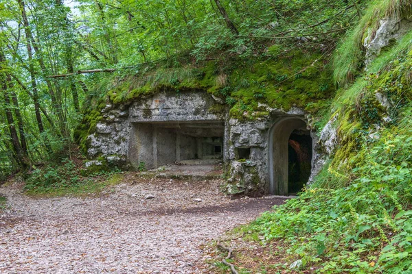 Entrance of Upper Military connection Tunnel between Fortress Kluze and Fort Hermann. Mining Tunnel for Izonso Front in Bovec, Gorizia, Slovenia.
