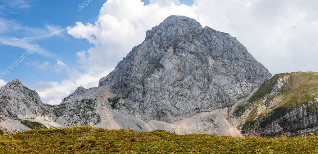 Western Wall Panorama of Mount Mangart (2677m) in the Julian Alps, Triglav National Park. Border between Slovenia and Italy. Europe