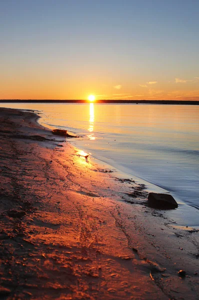 Rybinsk baraj gölünün kıyısında sıcak sonbahar günbatımı