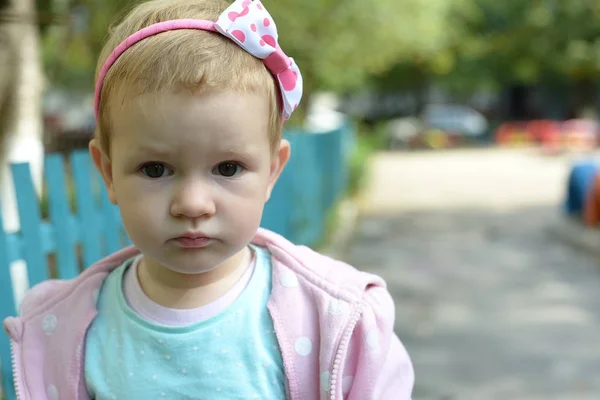 Portrait Beautiful Little Baby Girl Looking Straight Camera Serious Toddler — Stock Photo, Image