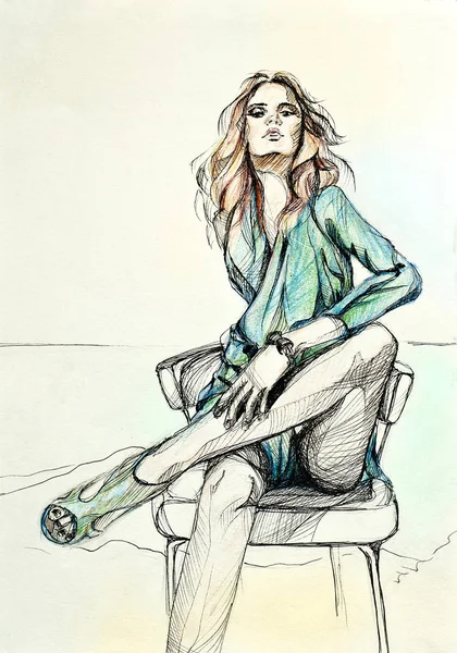 Fashion scetch of woman. Drawing of fashionable stylish young lady. Beautiful portrait. Lifestyle. A confident, proud, lofty, serious girl in an emerald dress sitting on a chair. Dark blond hair.