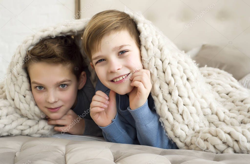Two cute brothers playing together at home, smiling and looking into the camera. Portrait of kids, having fun under the blanket. Nice boys - best friends.  Family relations between brothers.