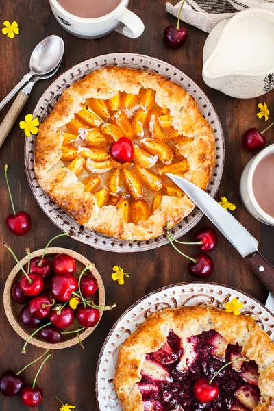 Kayısı Ile Rustik Açık Börek Ahududu Iyi Görünümü — Stok fotoğraf