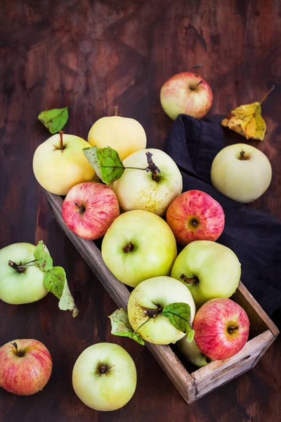 Frische Reife Bunte Äpfel Holzkiste Auf Rustikalem Hintergrund — Stockfoto