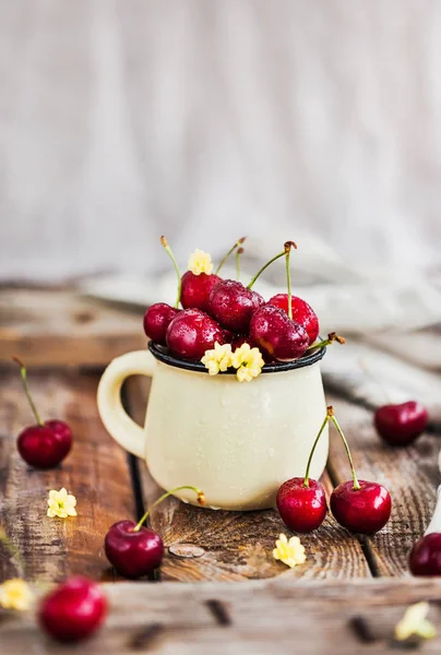 Cerezas Frescas Maduras Una Taza Sobre Fondo Rústico Fotos De Stock Sin Royalties Gratis