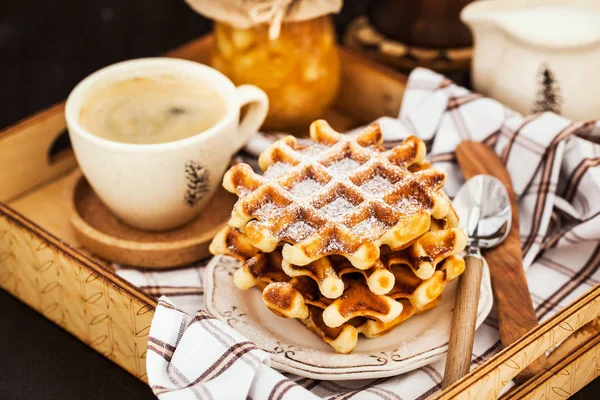 Breakfast Belgian Waffles Jam Coffee Tray Rustic Background — Stock Photo, Image