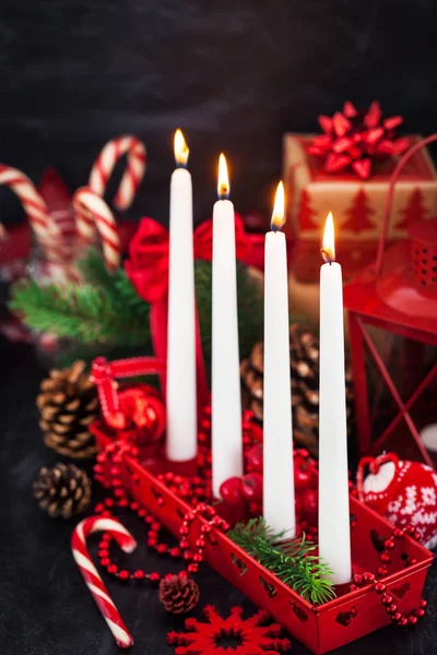 Four Christmas Advent Candles Holiday Decorations Dark Background — Stock Photo, Image