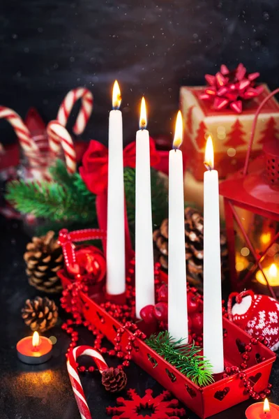 Four Christmas Advent Candles Holiday Decorations Dark Background — Stock Photo, Image