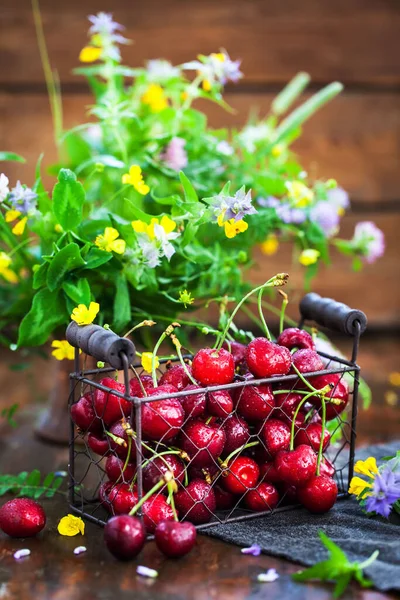 Fresh Ripe Cherries Metal Basket Wooden Background — Stock Photo, Image