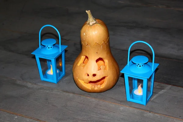 Abóbora Manteiga Com Uma Vela Lanternas — Fotografia de Stock