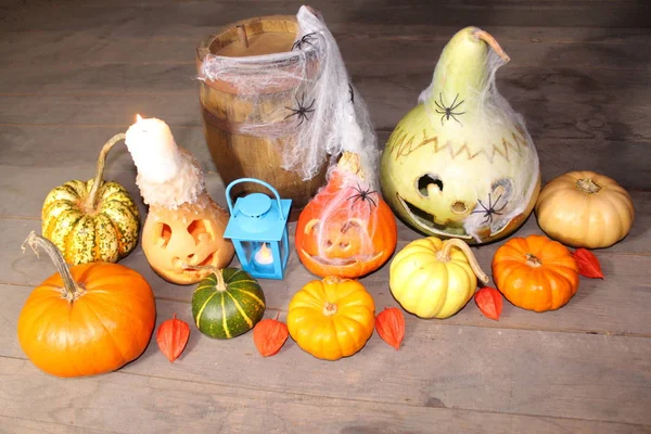 Funny Halloween Pumpkins Wooden Floor — Stock Photo, Image