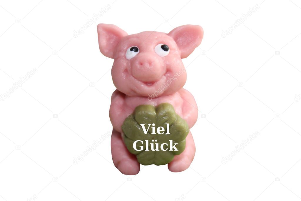 a marzipan pig with the german text good luck