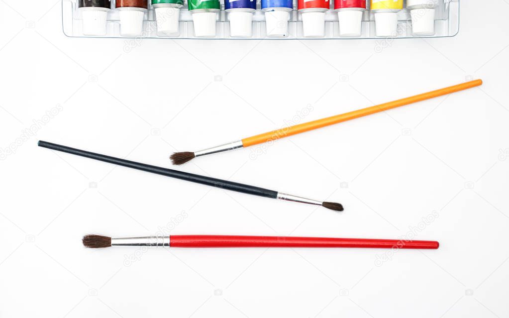 Brushes and water color on white background