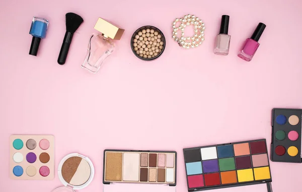 Woman Cosmetics Make Products Pink Background — Stock Photo, Image