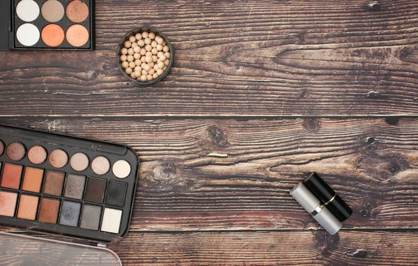 Maquillaje Mujer Productos Belleza Fondo Madera — Foto de Stock