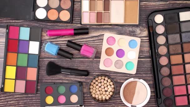 Make Cosmetics Products Disappearing Wooden Background Stop Motion Animation Video — Stock Video