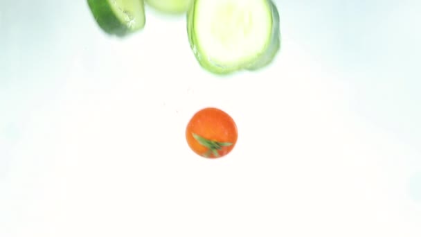 Fresh Organic Cherry Tomatoes Cut Cucumber Fall Water — Stock Video