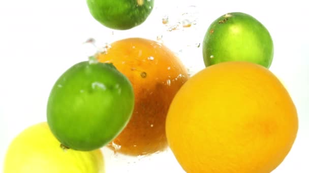 Naranja Fresca Orgánica Limón Lima Caen Agua — Vídeo de stock