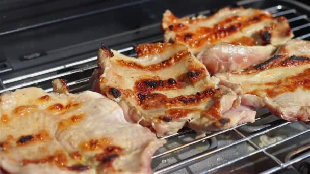 Κομμάτια Από Κρέας Κοτόπουλου Που Ψήνουν Ψησταριά Μπάρμπεκιου Προετοιμάζοντας Μπούτι — Αρχείο Βίντεο