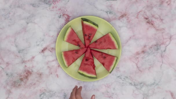 Stop Motion Animation Woman Hand Taking Slice Tasty Fresh Watermelon — Stock Video