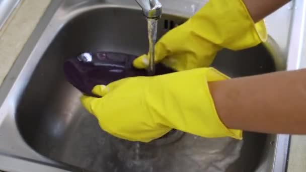 Woman Hand Washing Dish Doing Housework — Stock Video