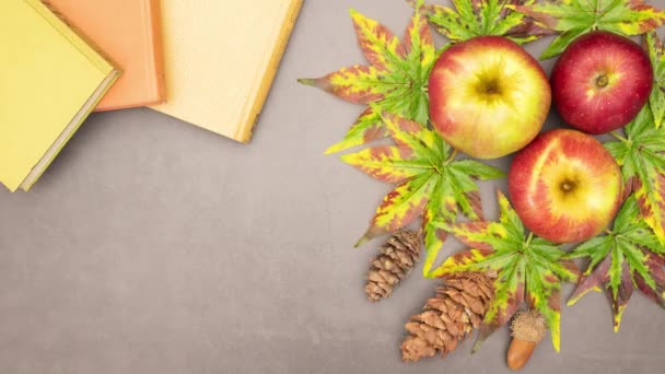 Herbstkonzept Bücher Blätter Tannenzapfen Und Äpfel Verschwinden Vom Tisch Stop — Stockvideo