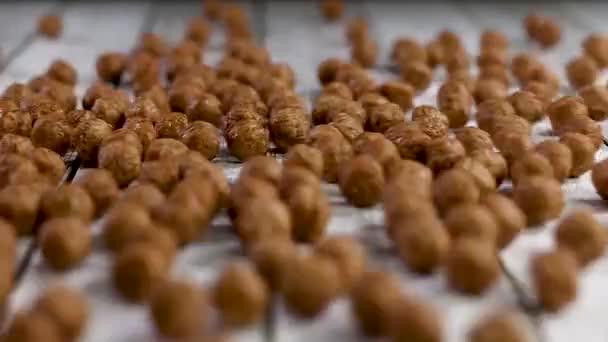 Tahta Masaya Çikolata Topları Atmak Yavaşça Kapat — Stok video
