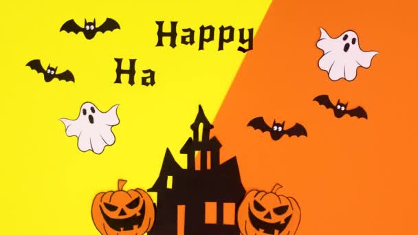 Halloween Creepy House Scary Stickers Orange Yellow Theme Stop Motion — Stock Video