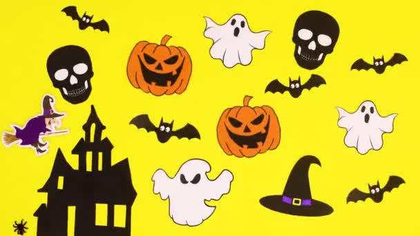 Halloween Decoração Assustadora Com Adesivos Halloween Tema Amarelo Parar Movimento — Vídeo de Stock