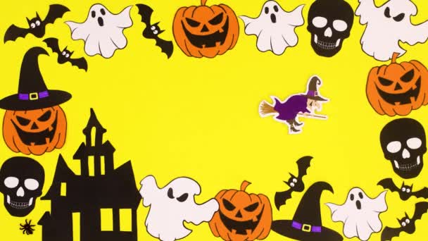 Halloween Decoración Espeluznante Con Pegatinas Halloween Tema Amarillo Detener Movimiento — Vídeo de stock