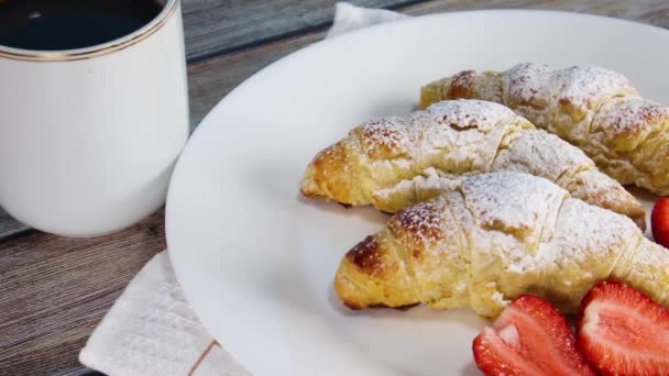 Delicious Fresh Croissants Powder Sugar Strawberries White Plate — Stock Video