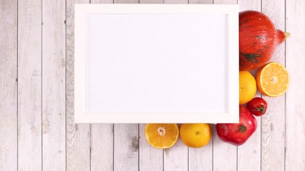 White Frame Place Text Fruits Vegetables Appear Frame Stop Motion — Stock Video