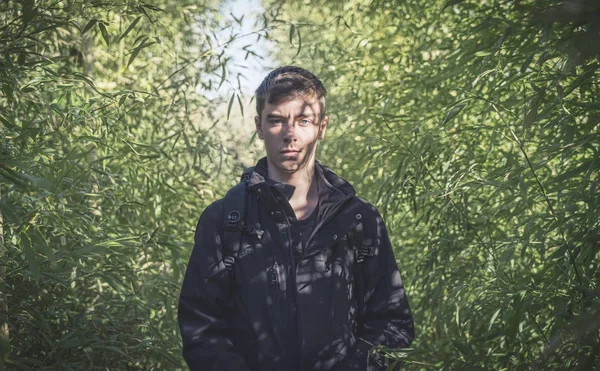 Portrait Young Man Shadows Bamboo Forest His Face — Stock Photo, Image