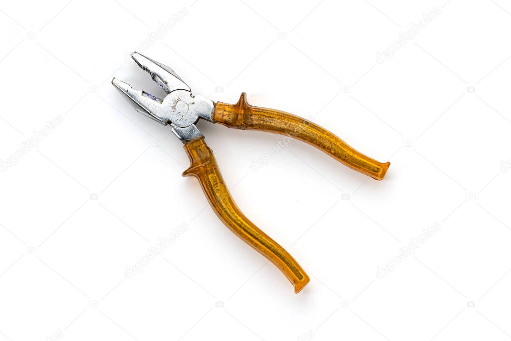 close up of an old lineman pliers, isolated on white
