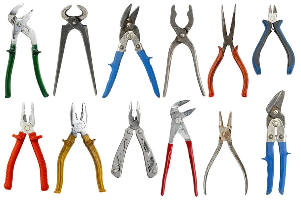 Collection Twelve Different Pliers Isolated White — Stock Photo, Image