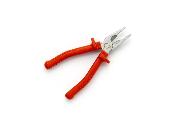 Close Old Red Lineman Pliers Isolated White — стоковое фото