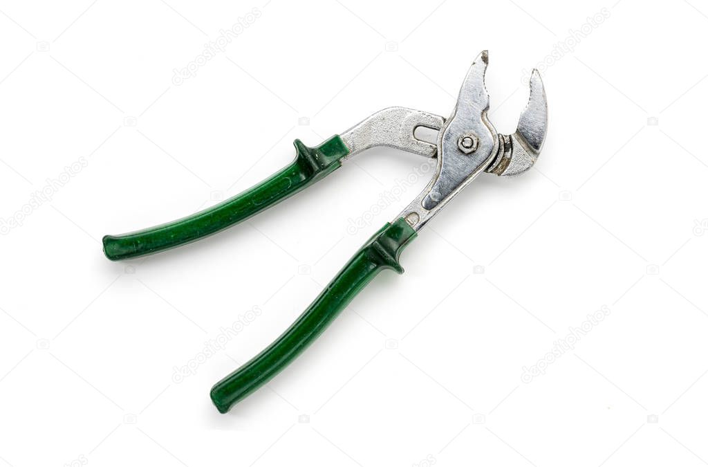 old green alligator wrench, isolated on white