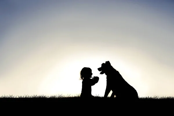Silhouette of Sweet Little Child Sitting Outside with her Loyal — Stock Photo, Image