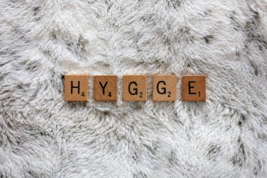 Word Hygge dile yumuşak Faux Fu üzerindeki ahşap mektup blok ile