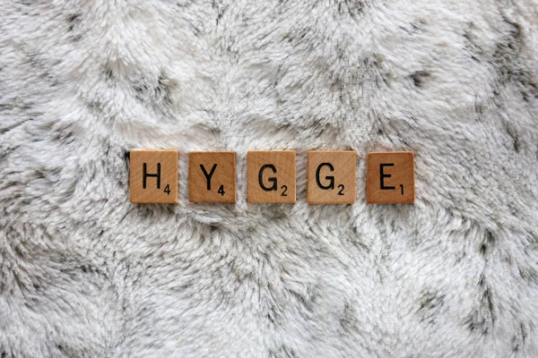 Word Hygge dile yumuşak Faux Fu üzerindeki ahşap mektup blok ile