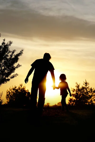 一个快乐的父亲和他的小女儿的相貌在日落时牵着手走在外面 — 图库照片