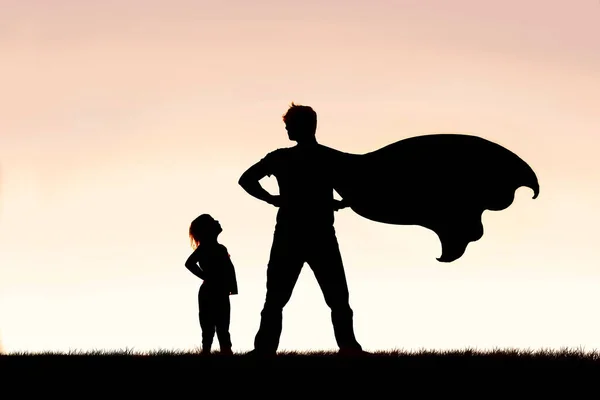 Silhouette Young Girl Child Looking Admiration Her Cape Wearing Superhero — Stock Photo, Image