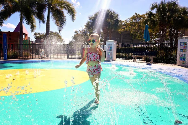 Happy Little Kid Running Water Sprinklers Outdoor Splash Park Summer — Stock Photo, Image