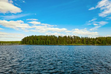 Ada, göl ve orman manzarası. Imatra şehri. Finlandiya