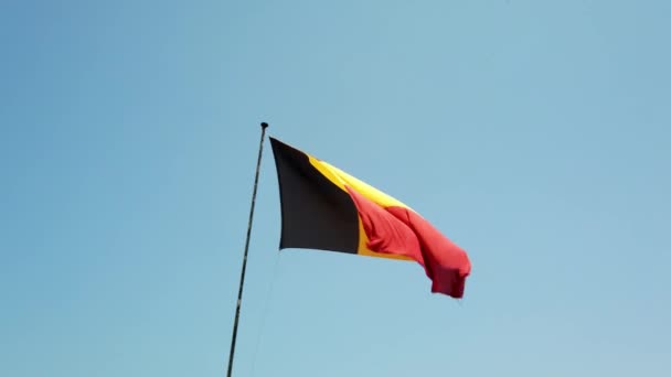 青空にベルギー王国の国旗 カメラが左に移動 — ストック動画