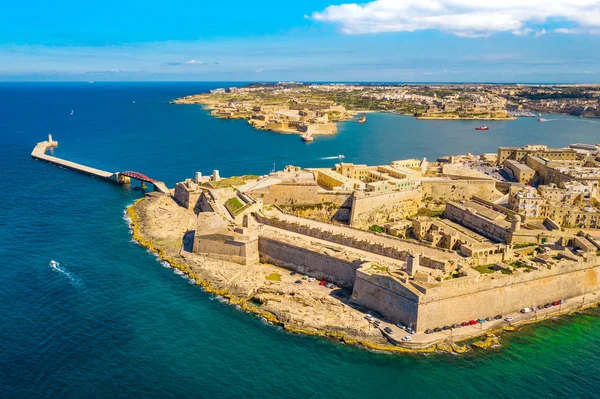 Aerial Utsikt Över Valletta City Huvudstaden Malta Lighthouse Och Grand — Stockfoto