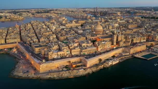 Вид Воздуха Валлетту Столицу Мальты Вечер Закат Время Захода Солнца — стоковое видео