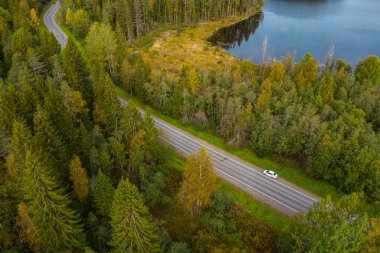 Otoyoldaki beyaz arabanın havadan görünüşü. Mavi göl ve sonbahar yeşili, etrafında sarı orman