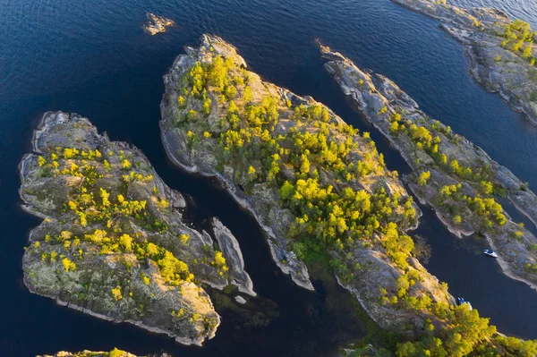 Ladoga skerries 'in hava görüntüsü. Karelia Cumhuriyeti 'ndeki Ladoga Gölü' ndeki adalar. Rusya