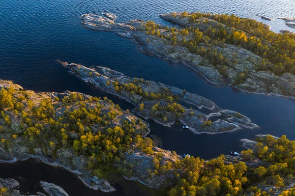 Aerial view of the Ladoga skerries. Islands. Sunset, autumn. Ladoga lake in Republic of Karelia. Russia country — Stock Image Aerial View Ladoga Skerries Islands Sunset Autumn Ladoga Lake Republic Royalty Free Stock Images
